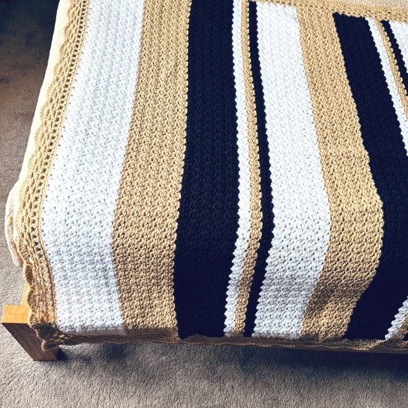 Handmade Crochet Afghan Blanket Stripe Tan Black White Throw 52x44 New Cozy Gift - Picture 5 of 5